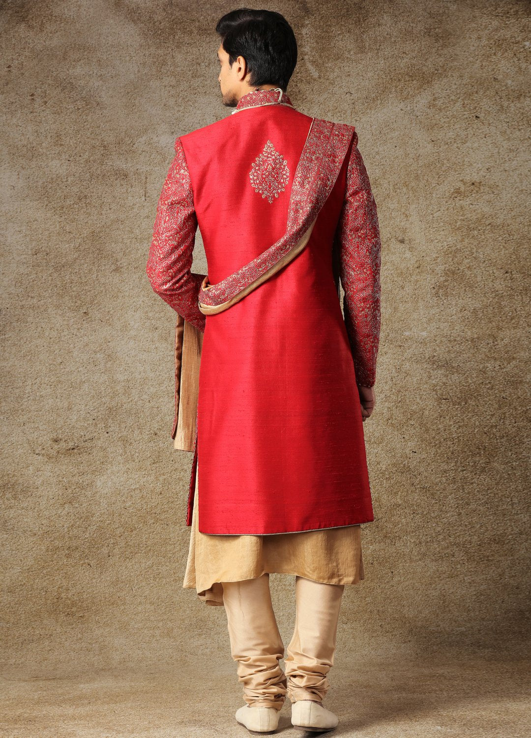 Golden And Rustic Maroon Sherwani 