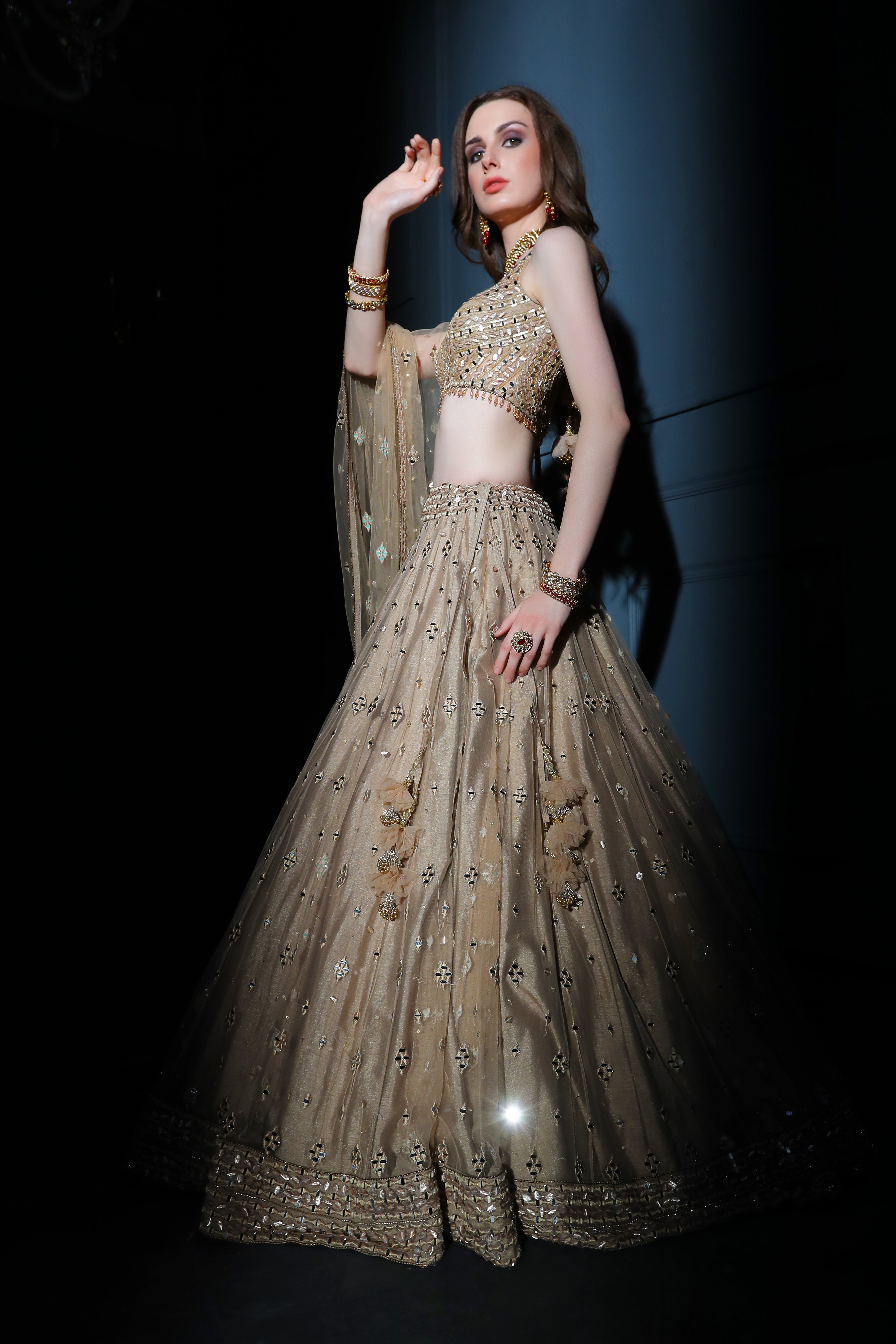 Nude embroidered mirror top with skirt