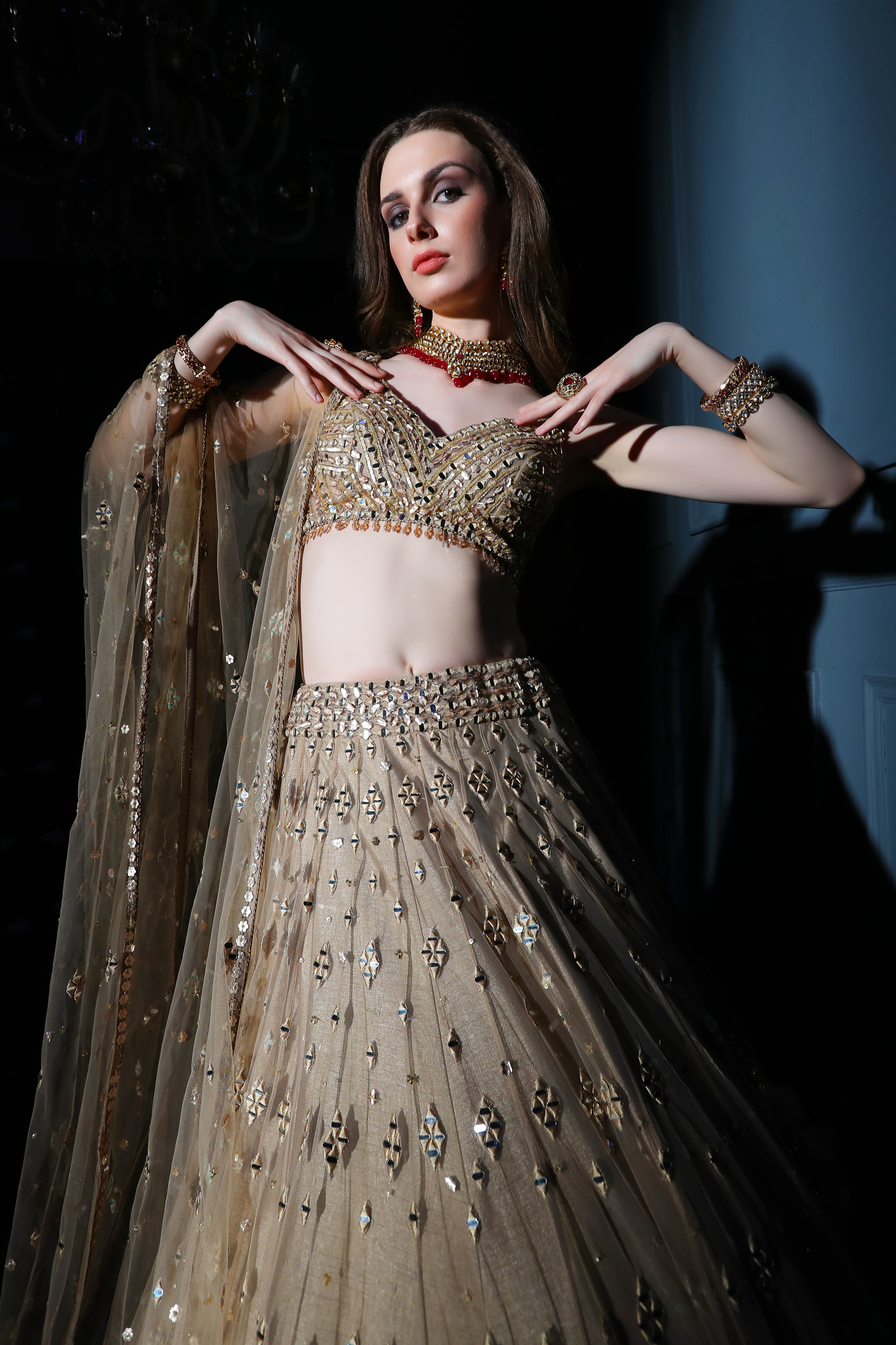 Nude embroidered mirror top with skirt