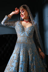 Blue Grey embroidered gown with scarf
