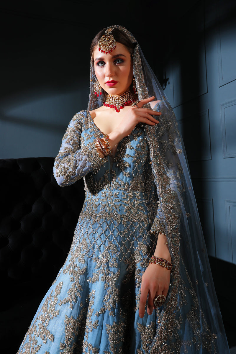 Blue Grey embroidered gown with scarf