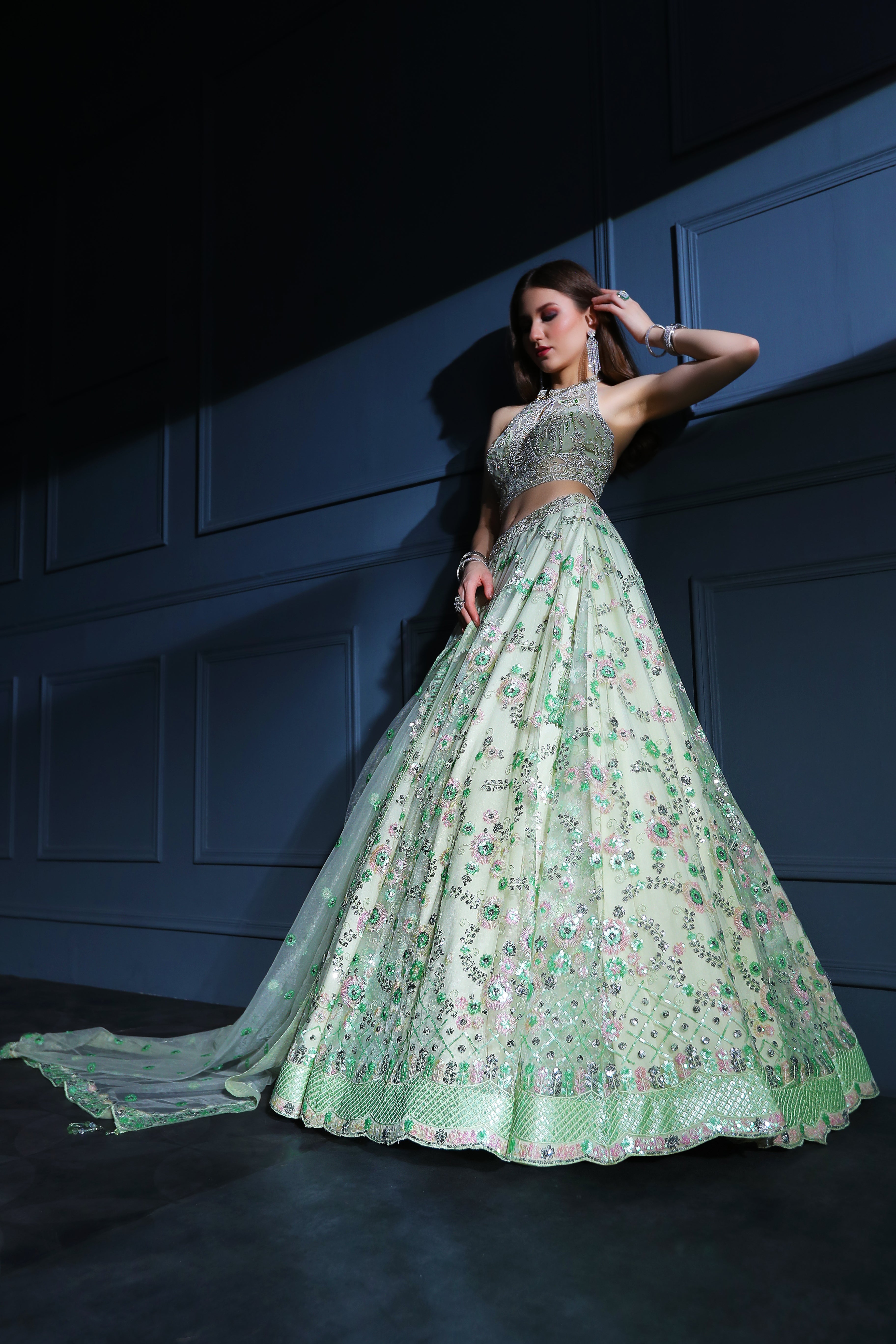 Green Halter blouse with Skirt
