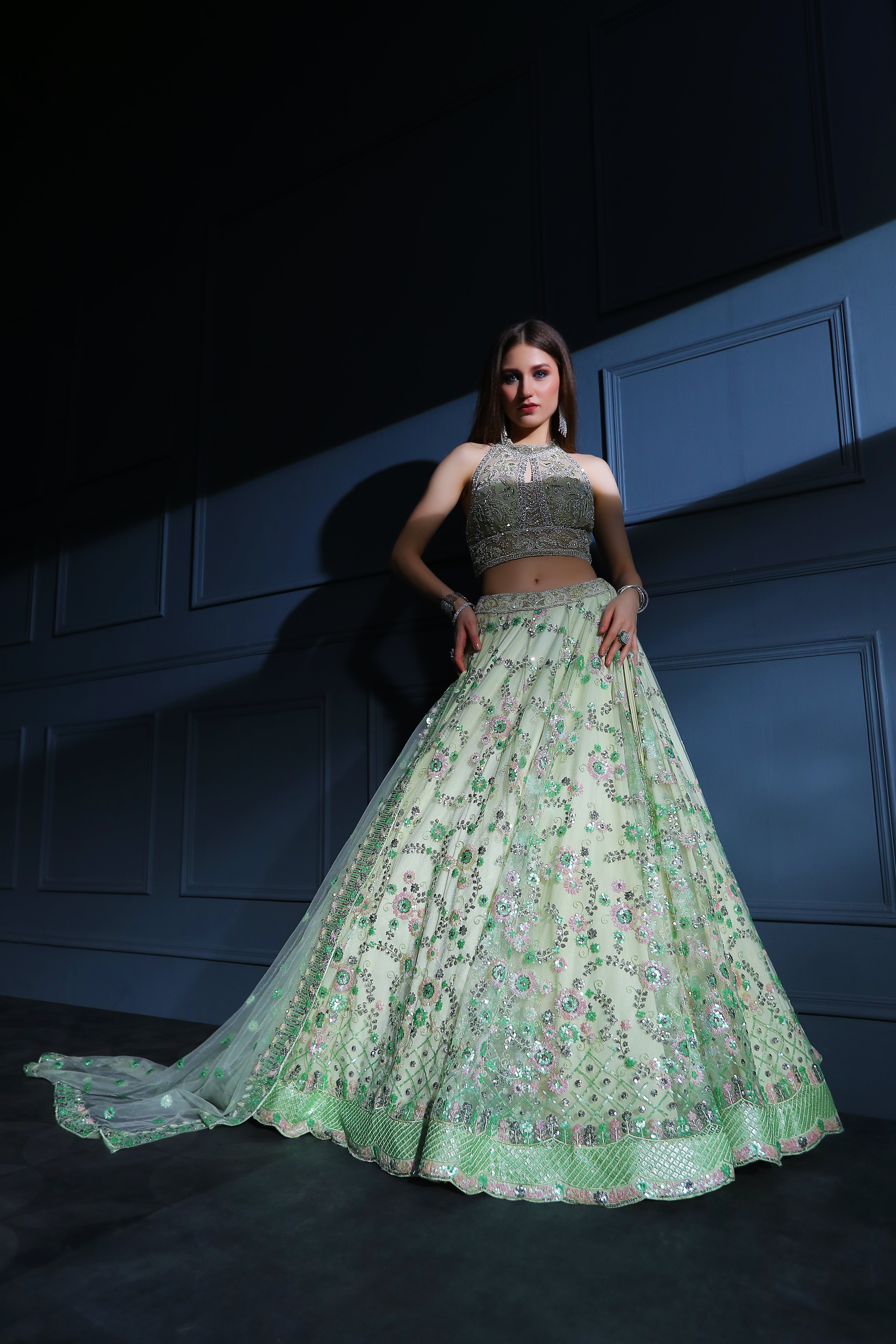 Green Halter blouse with Skirt