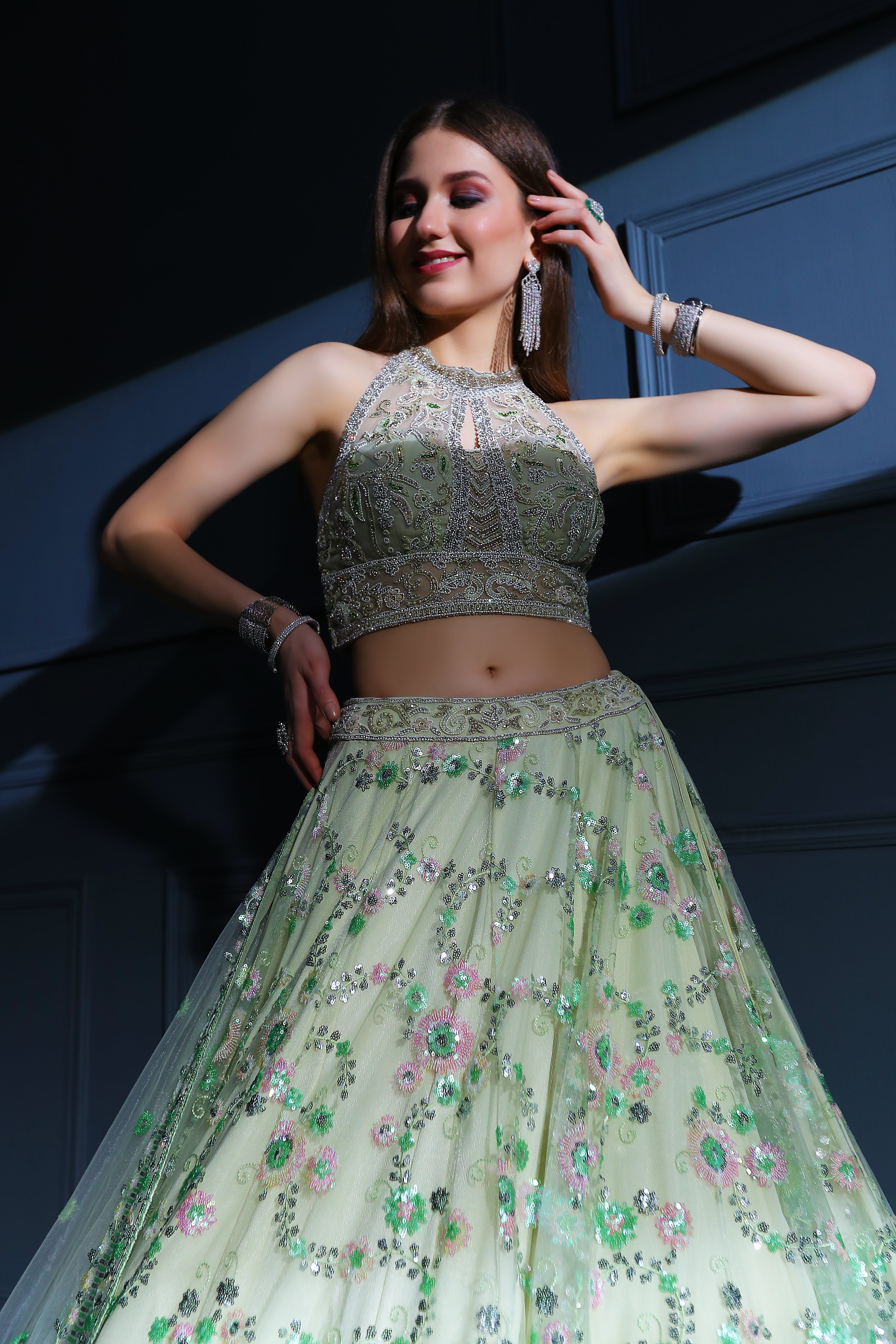 Green Halter blouse with Skirt