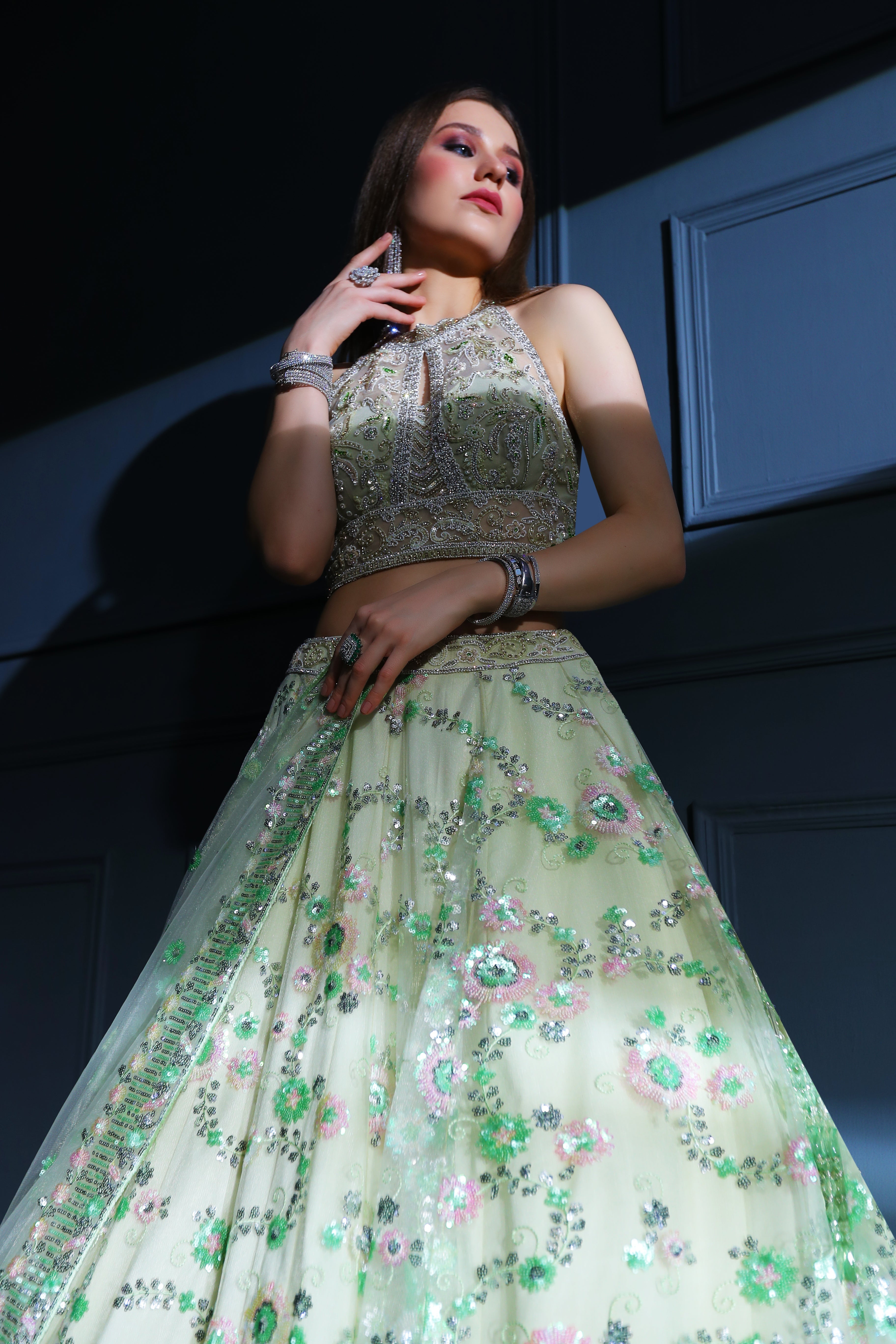 Green Halter blouse with Skirt