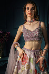 Mauve embroidered top with floral embroidered skirt