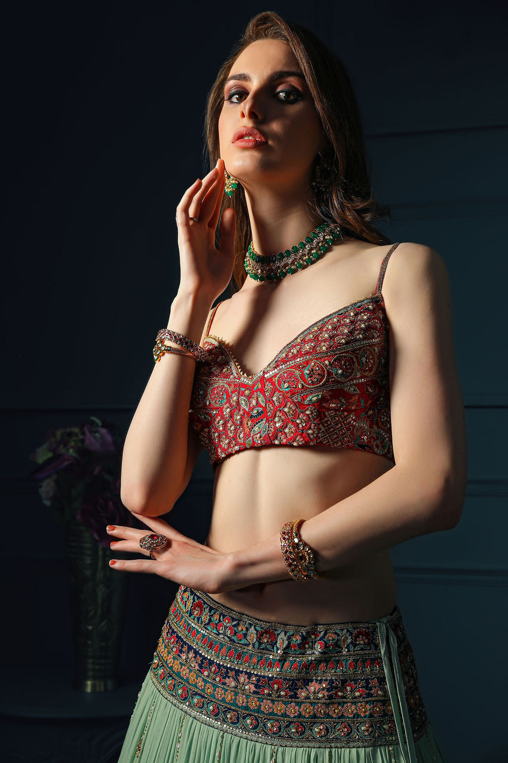 Red Blouse with mint skirt
