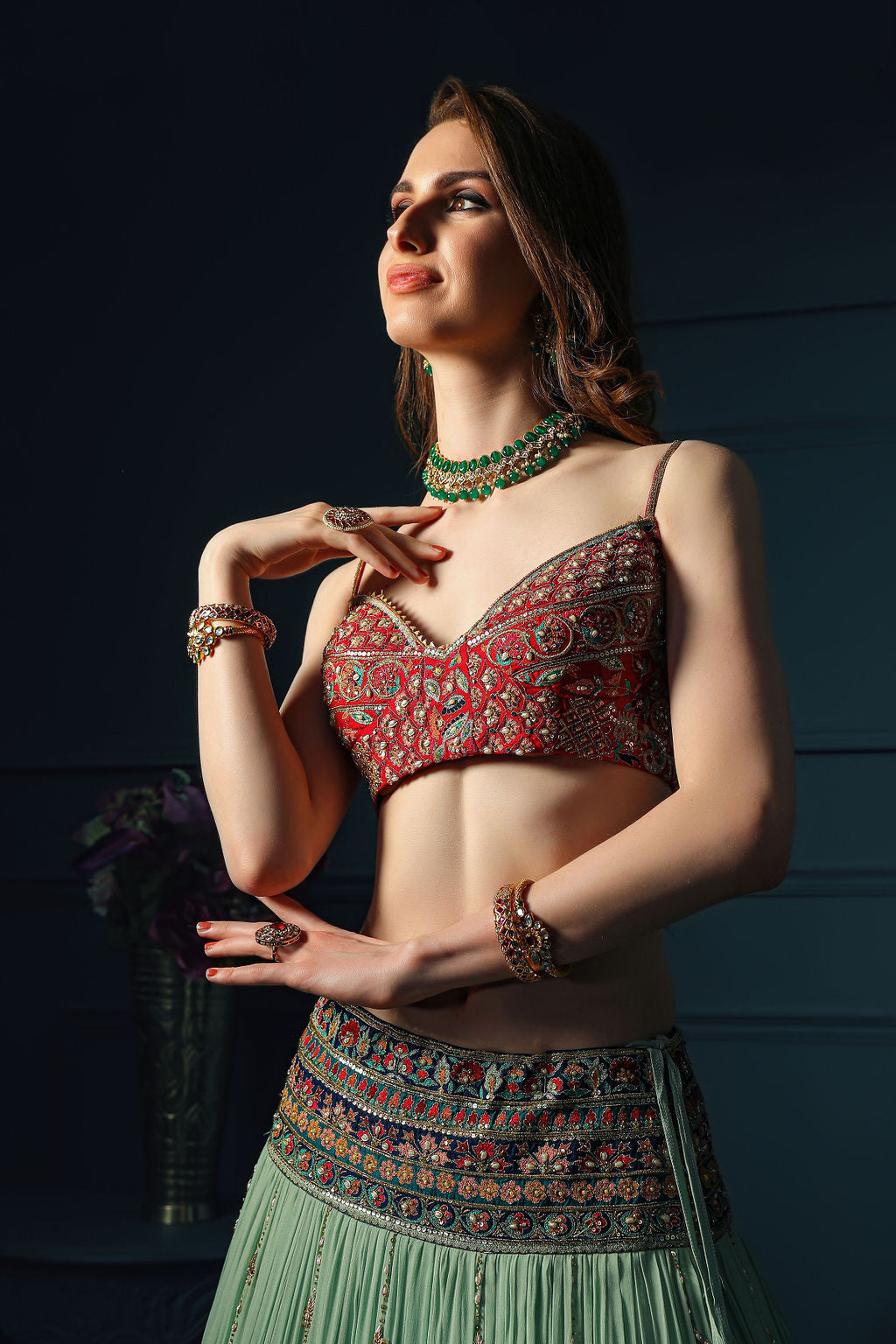 Red Blouse with mint skirt