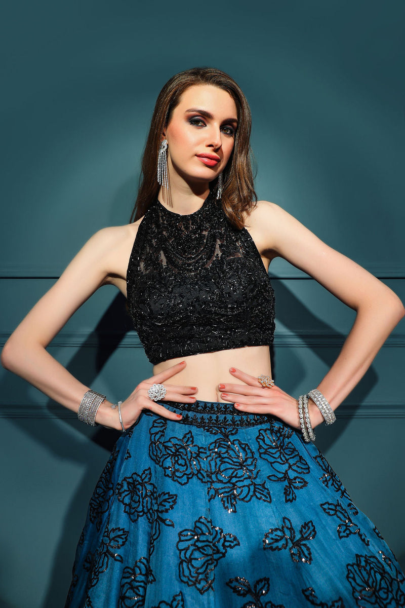 Black halter top with blue skirt