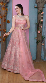 Pink fully embroidered net Lehenga