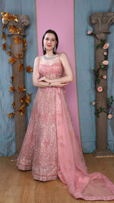 Pink fully embroidered net Lehenga