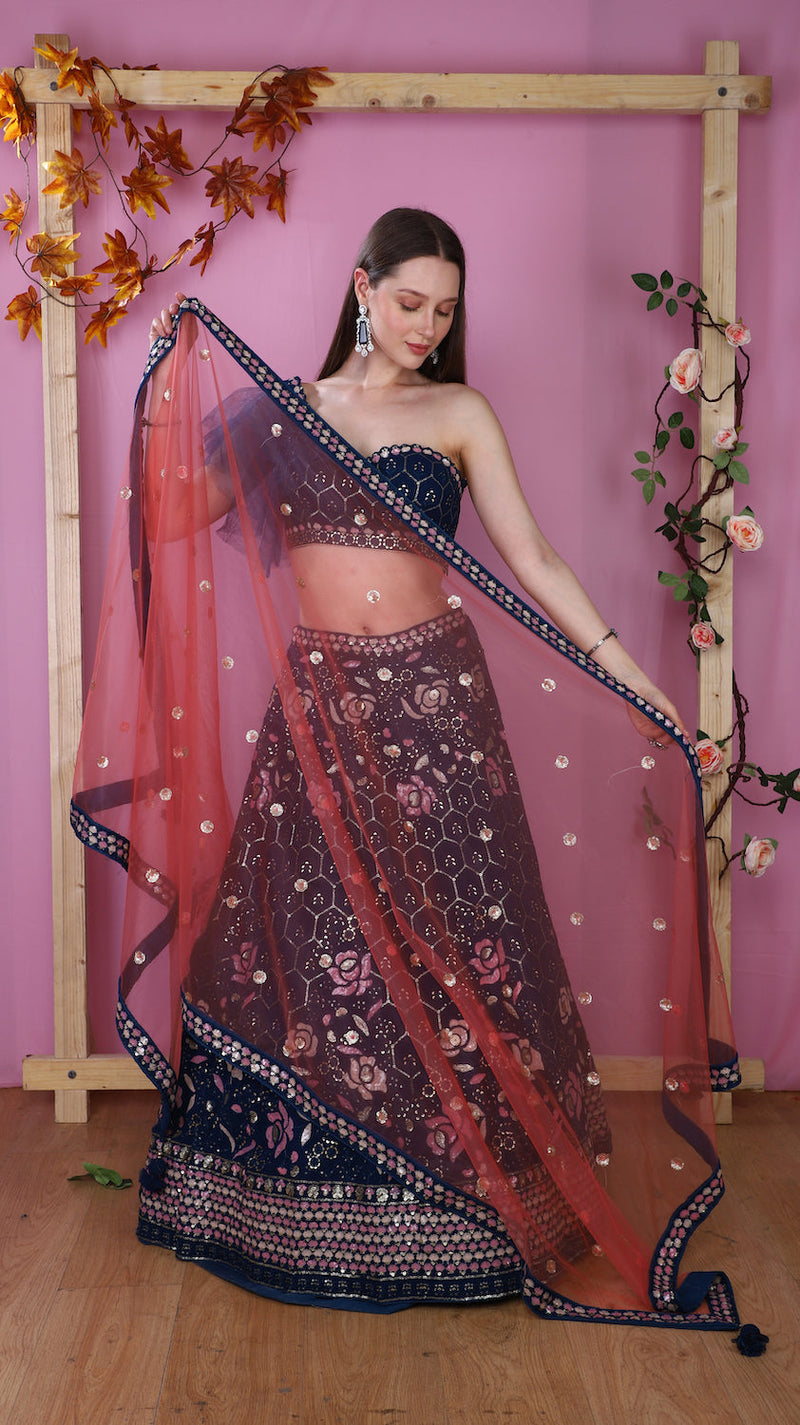Blue one Shoulder top with Lehenga and contrast scarf