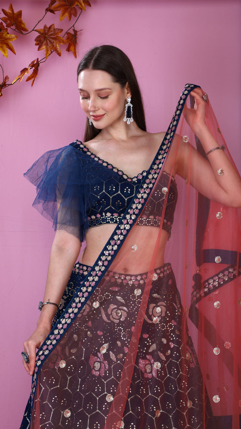 Blue one Shoulder top with Lehenga and contrast scarf