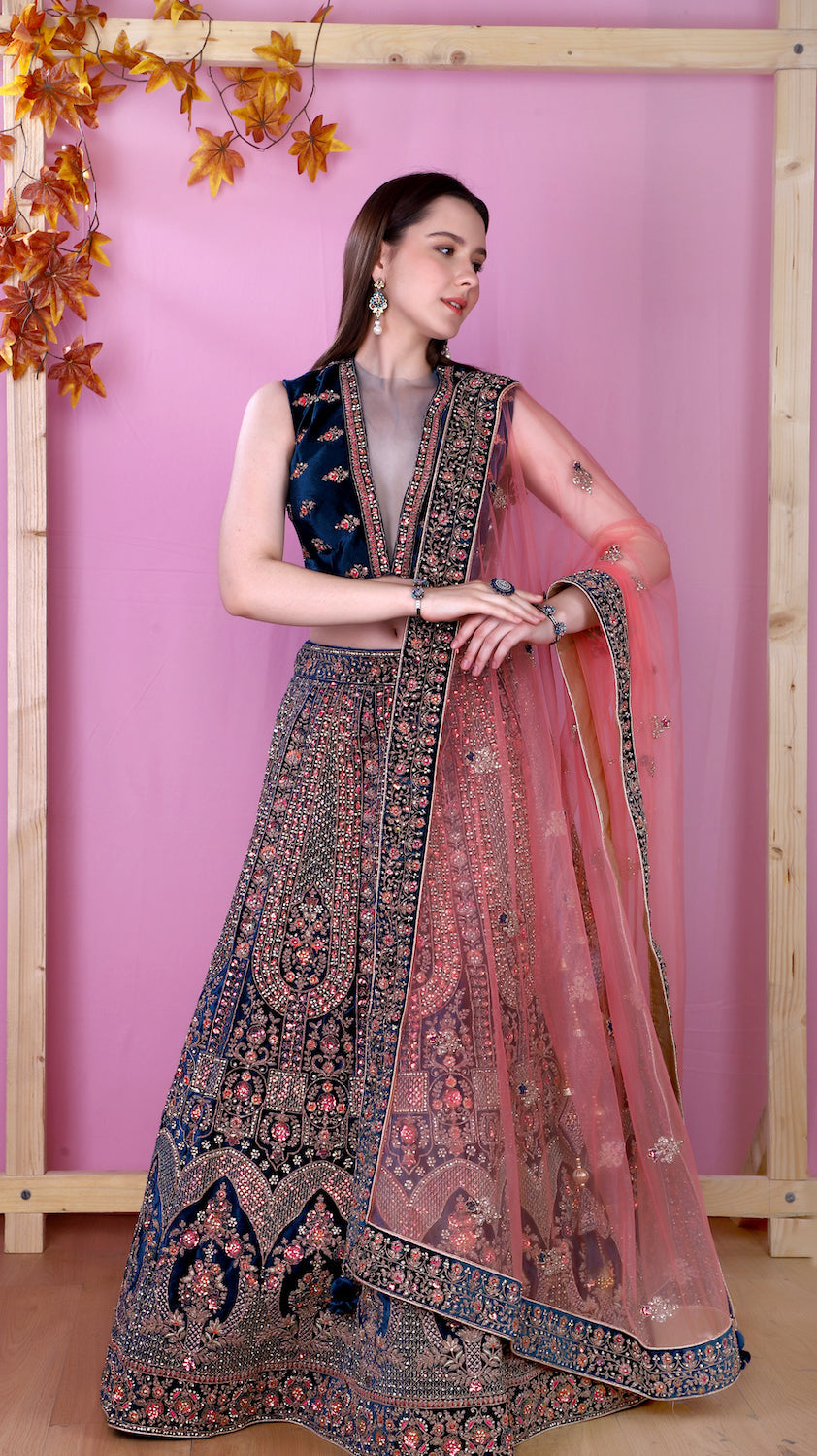 Velvet Navy Blue Lehenga – Mongas