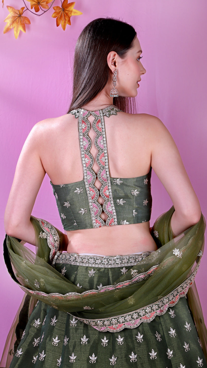 Tissue Silk Mehendi green Lehenga