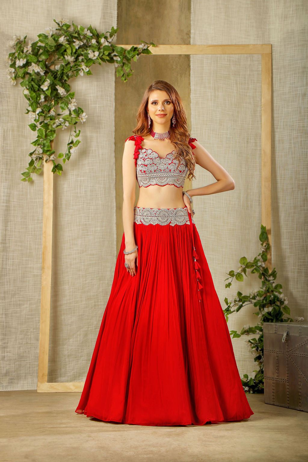 Elegant Red embroidered top and skirt