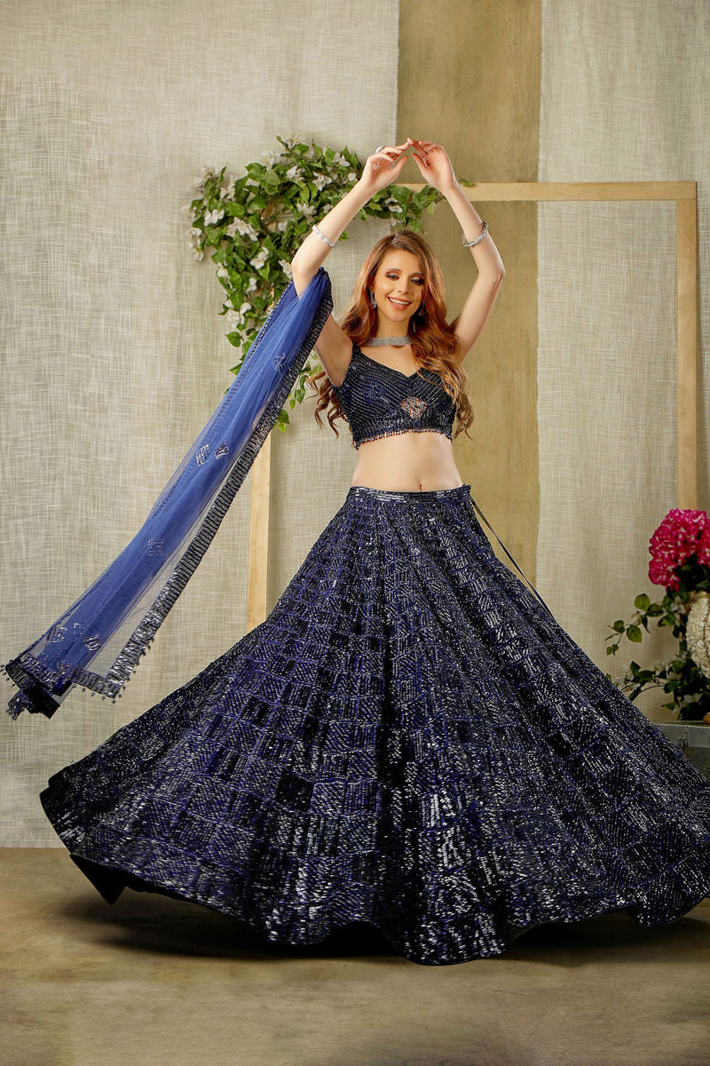 Embroidered Navy Stylish Top with Skirt