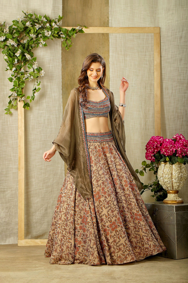Embroidered Stylish Top with Printed Skirt and cape