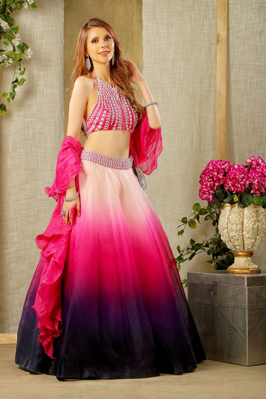 Embroidered top with Ombre skirt and scarf