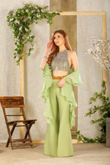Mint Embroidered Halter Top with wide pants
