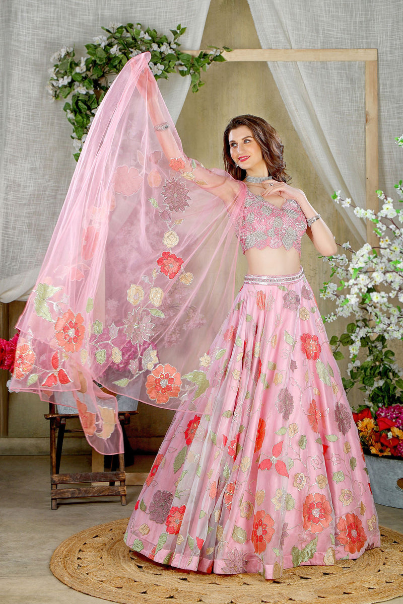 Pink embroidered top with skirt and stylish Dupatta