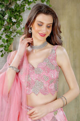 Pink embroidered top with skirt and stylish Dupatta
