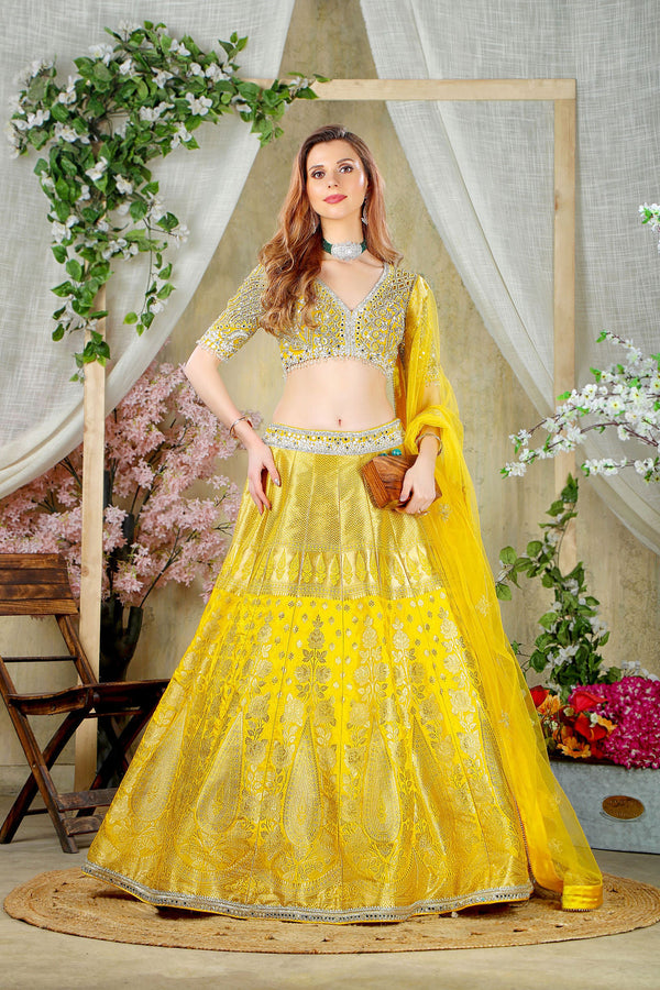 Yellow Embroidered top with Brocade Skirt