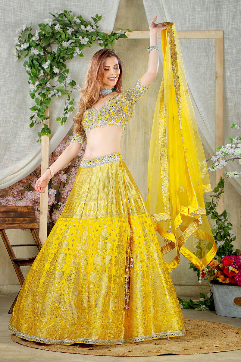 Yellow Embroidered top with Brocade Skirt