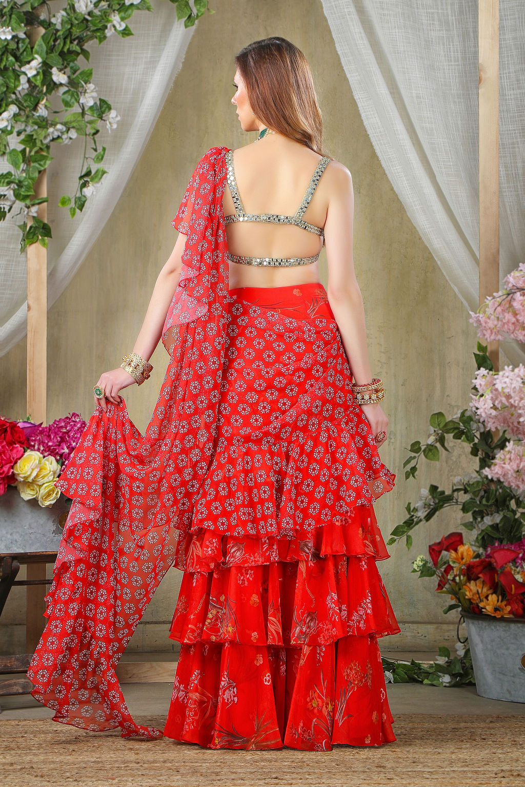 Red Printed Ruffle Saree with mirror embroidered Blouse