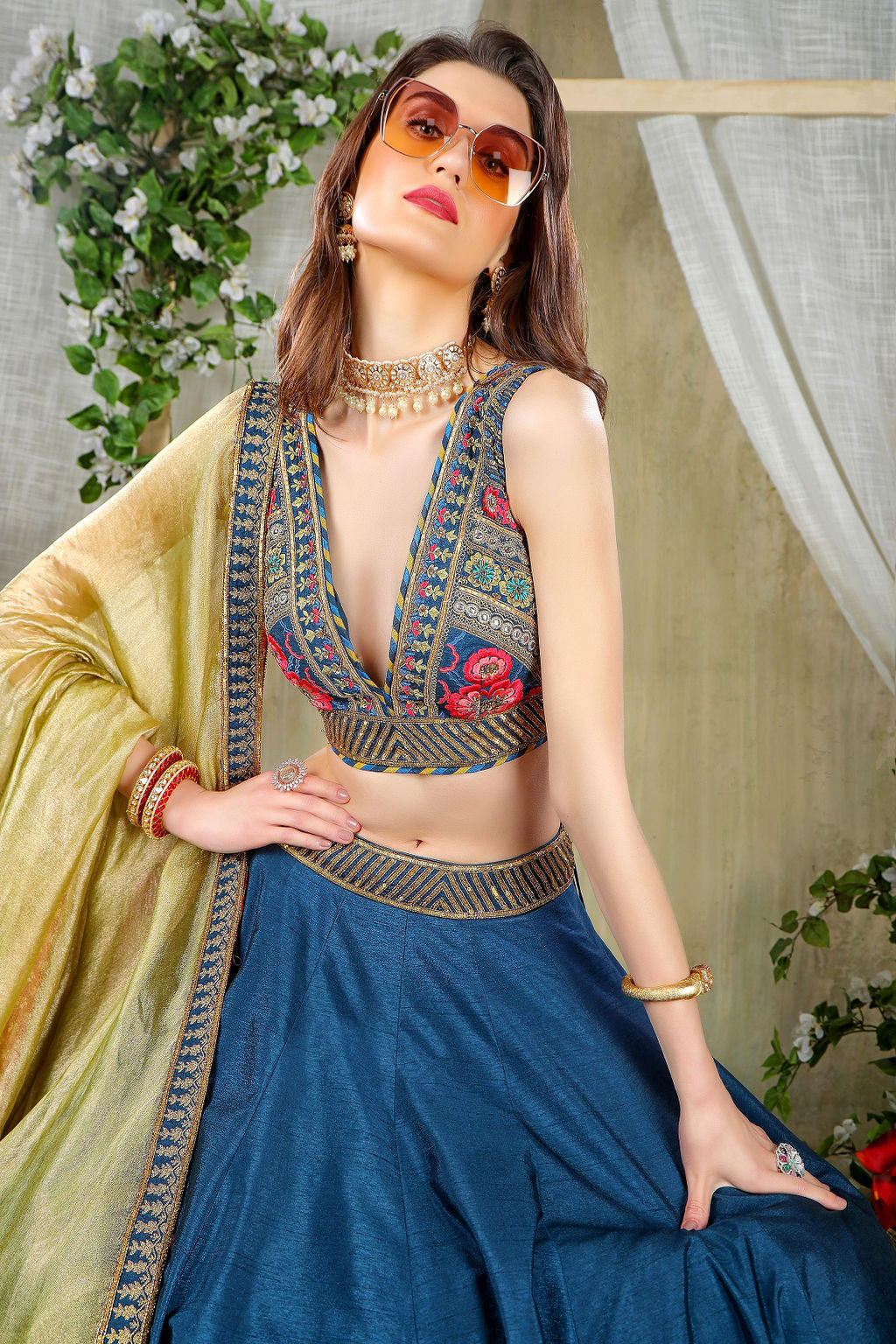Peacock color thread embroidered Top with matching Skirt