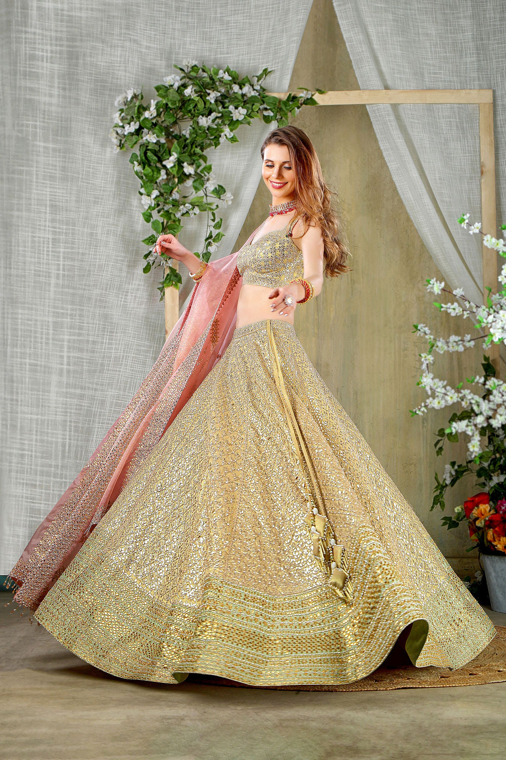 Embroidered Top and skirt with contrast Scarf