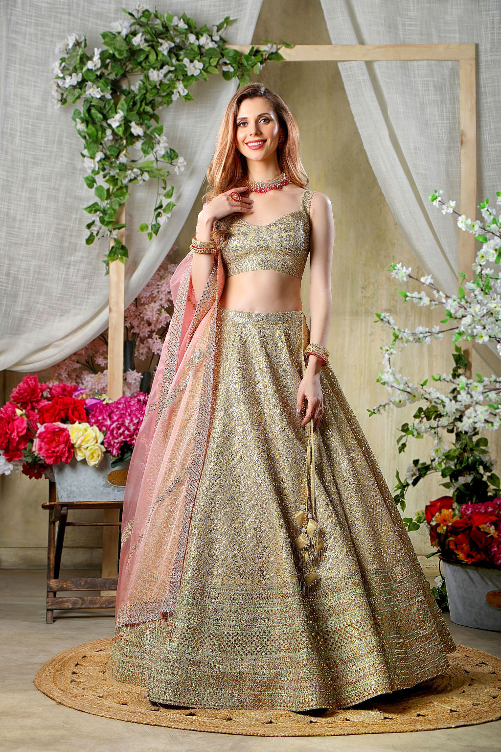 Embroidered Top and skirt with contrast Scarf