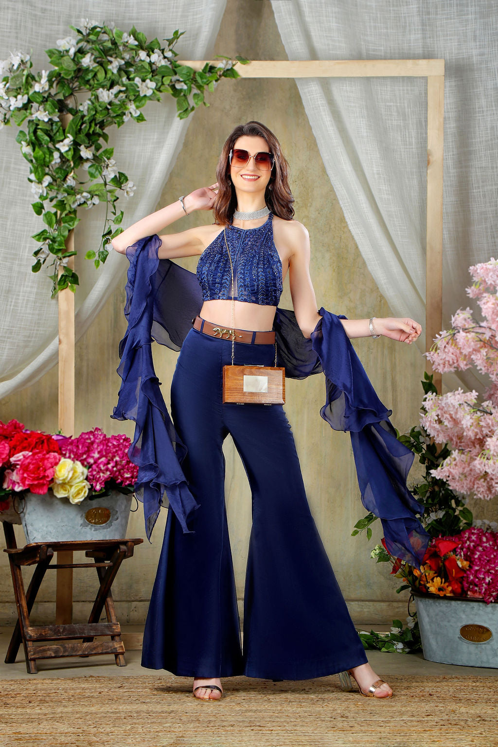 Navy Embroidered Top with Wide Pants