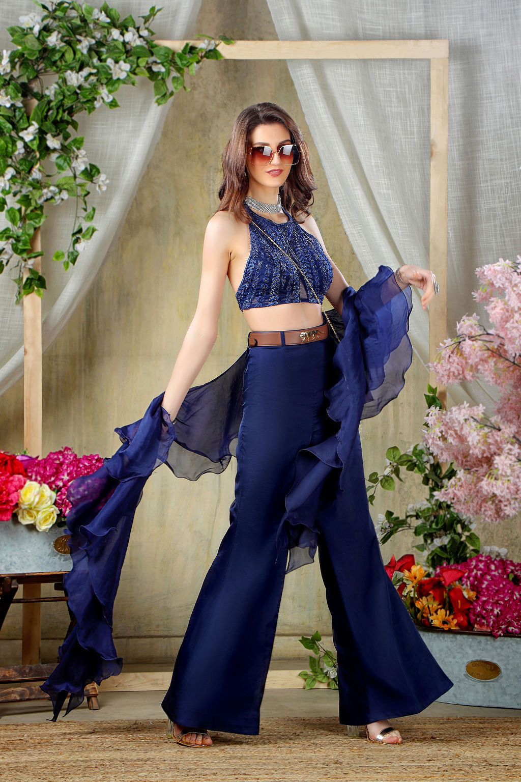 Navy Embroidered Top with Wide Pants