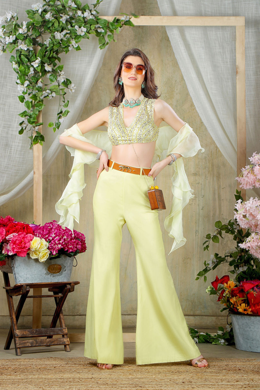 Trendy Embroidered top with Wide pants