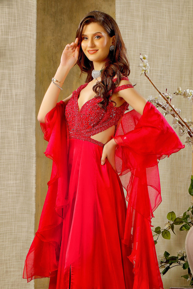 Satin gown with ruffle dupatta