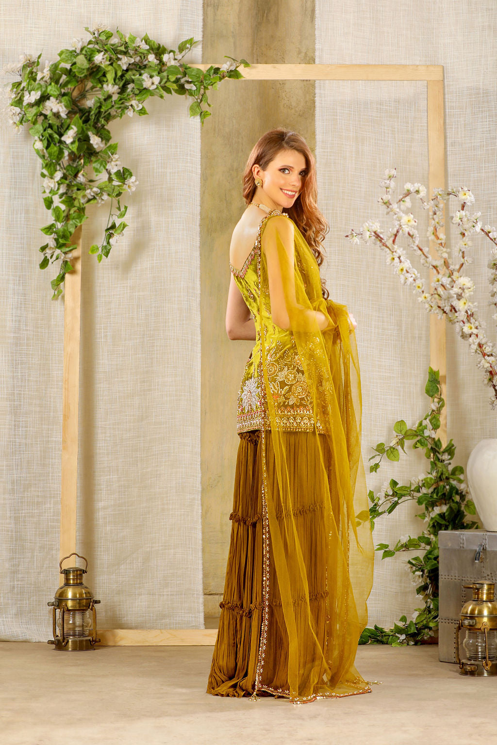 Dark Golden Velvet Kameez Sharara