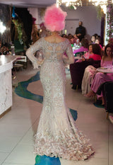 Nude hand mebroidered gown with feathers