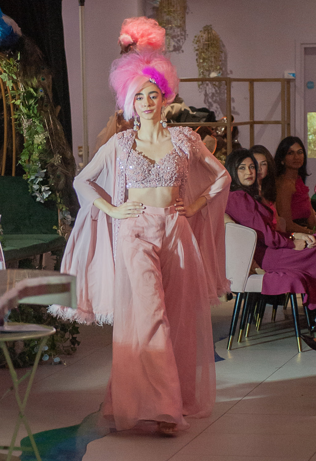 Pink embroidered top with plazo and cape