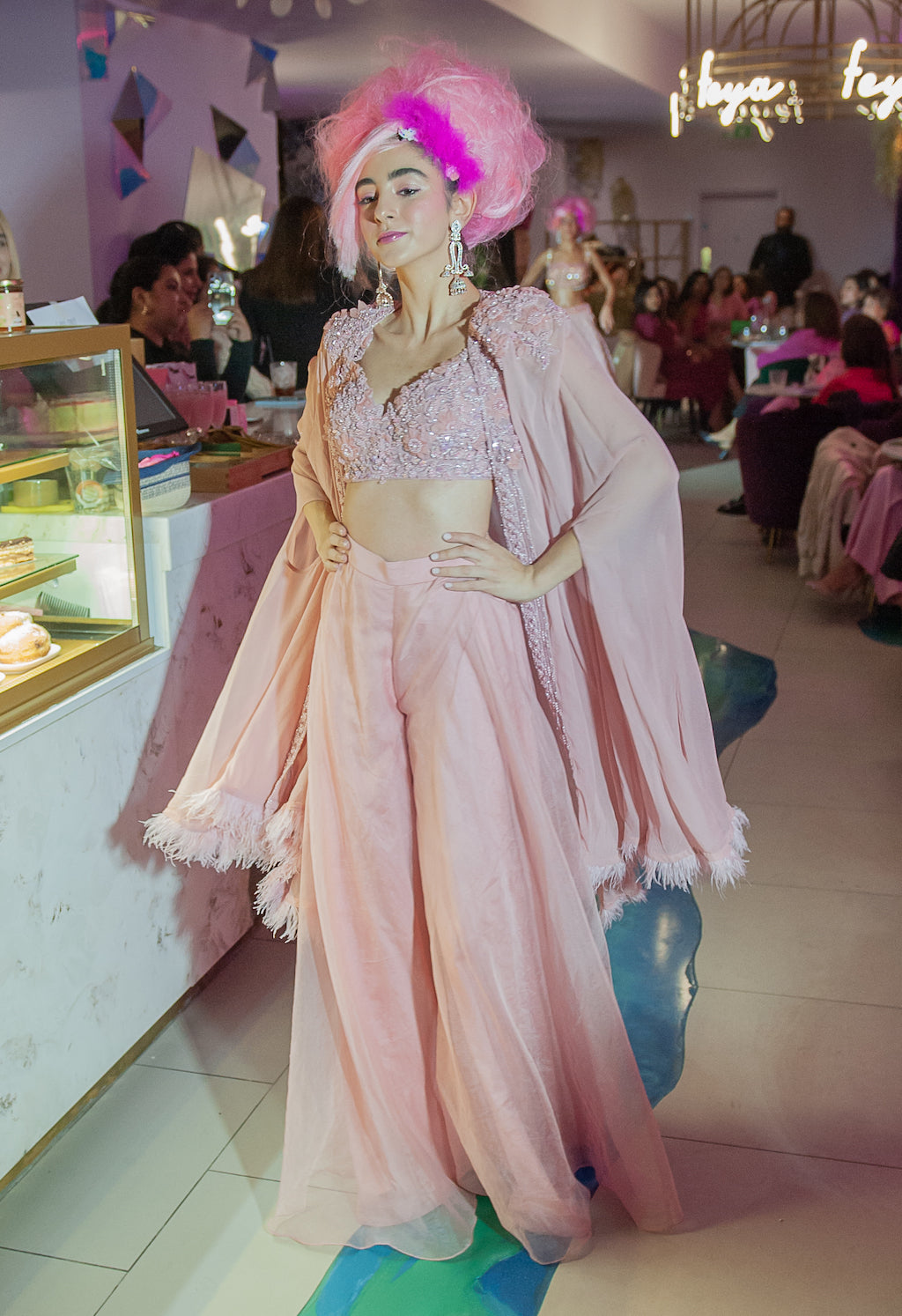Pink embroidered top with plazo and cape