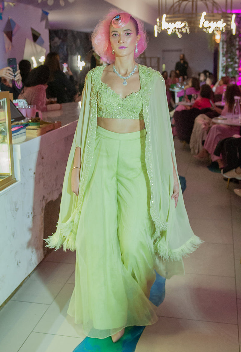 Mint embroidered top with plazo and cape