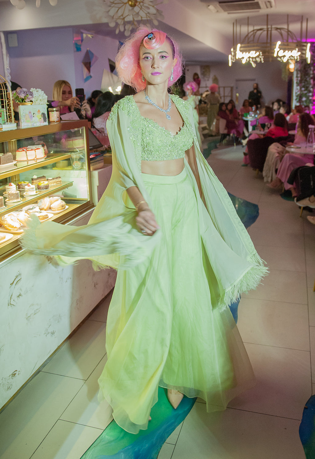 Mint embroidered top with plazo and cape