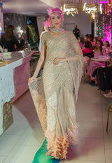 Nude Embroidered sarre with feathers
