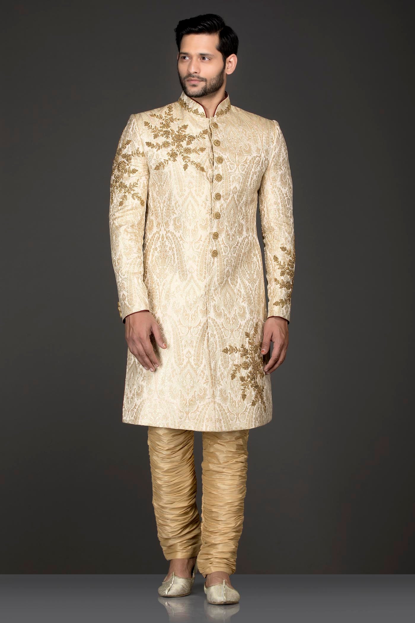 Ivory Gold Brocade Sherwani With Gold Dabka Embroidery Paired With Gold Chudidar