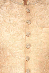 Peach Brocade Sherwani With Embroidery Buttons Paired With White Trousers