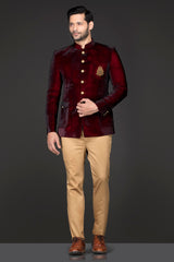 Maroon Velvet Cocktail Jacket/Band Gala Paired With Gold English Trousers