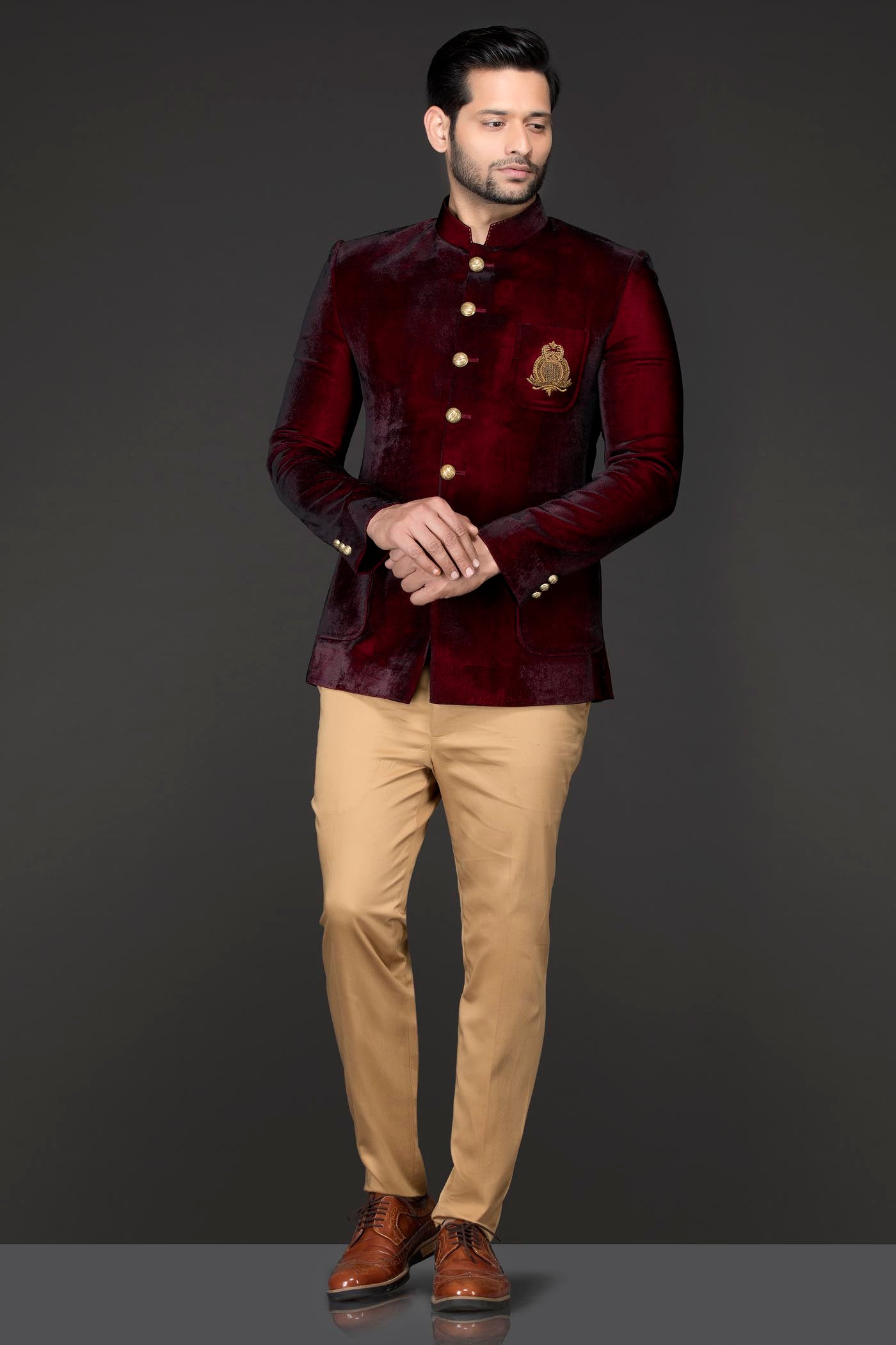 Maroon Velvet Cocktail Jacket/Band Gala Paired With Gold English Trousers