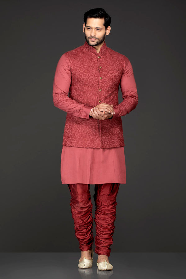 Rust Colour Kurta Chudidar And Short Nehru Jacket/Bundi
