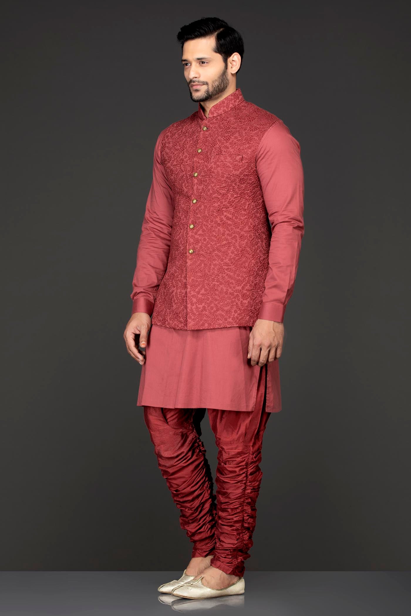 Rust Colour Kurta Chudidar And Short Nehru Jacket/Bundi