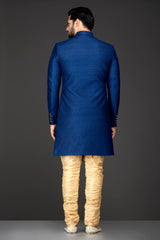 Royal Blue Quilted Sherwani Paired With Gold Chudidar Bottoms